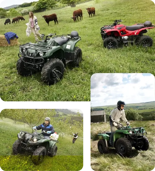Farmers using Yamaha ATVs for agricultural work across fields and hillsides