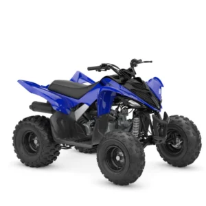 Blue and black Yamaha YFM110R youth quad, side view